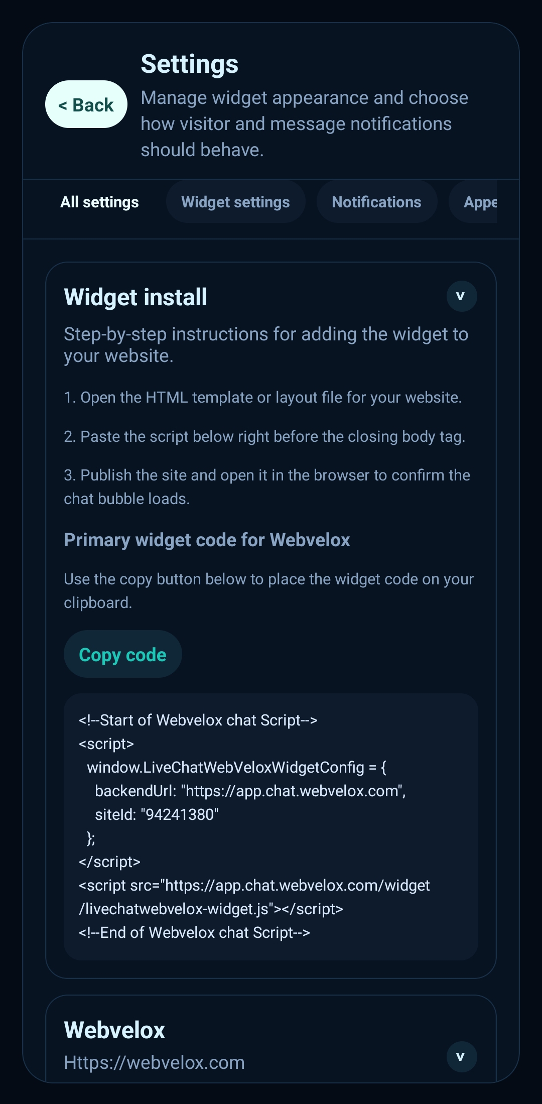 WebVeloxChat app preview 2